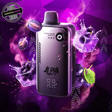 A 30ml disposable vape by Flavour Beast, purple grape flavour. The device has a button to control wattage and lights to show battery and juice percentage. Underground Vapes Woodstock and London