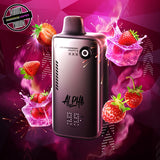 A 30ml disposable vape by Flavour Beast, red strawberry flavour. The device has a button to control wattage and lights to show battery and juice percentage. Underground Vapes Woodstock and London