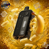 A black disaposable vape by Flavour Beast surrounded by banana slices and ice in water. Underground Vapes Woodstock and London