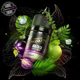 A 30ml bottle of salt nic by Flavour Beast x Twelve Monkeys surrounded by green apple, purple grape, and ice. Underground Vapes Woodstock and London