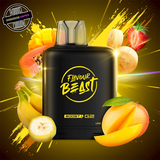A 20ml prefilled vape pod by Level X Flavour Beast in banana mango flavour. The pod is surrounded by mango, banana, and strawberry. Underground Vapes Woodstock and London