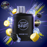 A 20ml prefilled vape pod by Level X Flavour Beast in banana blackberry ice flavour. The pod is surrounded by banana slices, blackberries, and ice cubes. Underground Vapes Woodstock and London