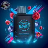 A 20ml prefilled vape pod by Level X Flavour Beast in blue raspberry flavour. The pod is surrounded by raspberries and blueberries. Underground Vapes Woodstock and London