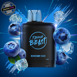 A 20ml prefilled vape pod by Level X Flavour Beast in blueberry ice flavour. The pod is surrounded by blueberries and ice cubes. Underground Vapes Woodstock and London