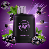 A 20ml prefilled vape pod by Level X Flavour Beast in blackcurrant flavour. The pod is surrounded by blackcurrants. Underground Vapes Woodstock and London