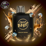 A 20ml prefilled vape pod by Level X Flavour Beast in iced coffee flavour. The pod is surrounded by glasses of iced coffee and coffee beans. Underground Vapes Woodstock and London