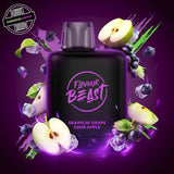 A 20ml prefilled vape pod by Level X Flavour Beast in grape green apple ice flavour. The pod is surrounded by grapes, apple slices, and ice cubes. Underground Vapes Woodstock and London