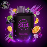 A 20ml prefilled vape pod by Level X Flavour Beast in grape passionfruit ice flavour. The pod is surrounded by grapes, passionfruit, and ice cubes. Underground Vapes Woodstock and London