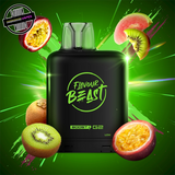 A 20ml prefilled vape pod by Level X Flavour Beast in kiwi passionfruit flavour. The pod is surrounded by kiwis and passionfruit. Underground Vapes Woodstock and London