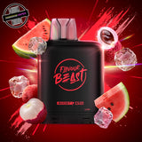 A 20ml prefilled vape pod by Level X Flavour Beast in lychee watermelon ice flavour. The pod is surrounded by lychee, watermelon slices, and ice cubes. Underground Vapes Woodstock and London