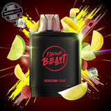 A 20ml prefilled vape pod by Level X Flavour Beast in MTN citrus raspberry ice flavour. The pod is surrounded by raspberries, lemon, lime, and ice cubes. Underground Vapes Woodstock and London