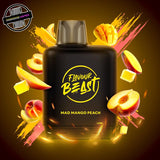 A 20ml prefilled vape pod by Level X Flavour Beast in mango peach flavour. The pod is surrounded by peach slices and mango. Underground Vapes Woodstock and London