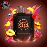 A 20ml prefilled vape pod by Level X Flavour Beast in peach berry flavour. The pod is surrounded by berries and peach slices. Underground Vapes Woodstock and London