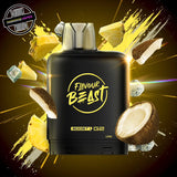 A 20ml prefilled vape pod by Level X Flavour Beast in pineapple coconut ice flavour. The pod is surrounded by coconut, pineapple, and ice cubes. Underground Vapes Woodstock and London