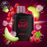 A 20ml prefilled vape pod by Level X Flavour Beast in razz melon ice flavour. The pod is surrounded by cantaloupe, raspberries, and ice cubes. Underground Vapes Woodstock and London