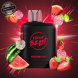 A 20ml prefilled vape pod by Level X Flavour Beast in strawberry watermelon ice flavour. The pod is surrounded by watermelon slices, strawberries, and ice cubes. Underground Vapes Woodstock and London