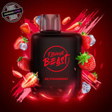 A 20ml prefilled vape pod by Level X Flavour Beast in blood strawberry ice flavour. The pod is surrounded by strawberries and ice cubes. Underground Vapes Woodstock and London