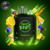 A 20ml prefilled vape pod by Level X Flavour Beast in slammin STS with minor ice flavour. The pod is surrounded by lemon, lime, cherries, blue raspberries, and small ice cubes. Underground Vapes Woodstock and London