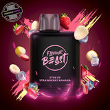 A 20ml prefilled vape pod by Level X Flavour Beast in strawberry banana flavour. The pod is surrounded by strawberries, banana slices, and ice cubes. Underground Vapes Woodstock and London. 