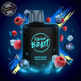 A 20ml prefilled vape pod by Level X Flavour Beast in sour blue razz ice flavour. The pod is surrounded by raspberries, blueberries, and ice cubes. Underground Vapes Woodstock and London