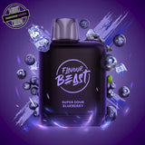 A 20ml prefilled vape pod by Level X Flavour Beast in sour blueberry ice flavour. The pod is surrounded by blueberries and ice cubes. Underground Vapes Woodstock and London
