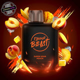 A 20ml prefilled vape pod by Level X Flavour Beast sour peach ice flavour. The pod is surrounded by peaches and ice cubes. Underground Vapes Woodstock and London