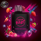 A 20ml prefilled vape pod by Level X Flavour Beast in triple berry flavour. The pod is surrounded by blueberries, strawberries, and pomegranate. Underground Vapes Woodstock and London