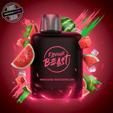 A 20ml prefilled vape pod by Level X Flavour Beast in watermelon ice flavour. The pod is surrounded by watermelon slices and ice cubes. Underground Vapes Woodstock and London