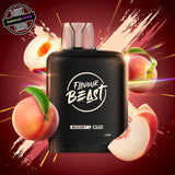 A 20ml prefilled vape pod by Level X Flavour Beast in white peach flavour. The pod is surrounded by peach slices. Underground Vapes Woodstock and London