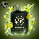 A 20ml prefilled vape pod by Level X Flavour Beast in white grape ice flavour. The pod is surrounded by green grapes and ice cubes. Underground Vapes Woodstock and London