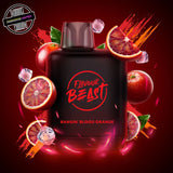 A 20ml prefilled vape pod by Level X Flavour Beast in blood orange ice flavour. The pod is surrounded by oranges and ice cubes. Underground Vapes Woodstock and London
