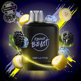 A 20ml prefilled vape pod by Level X Flavour Beast in banana blackberry ice flavour. The pod is surrounded by blackberries, banana slices and ice cubes. Underground Vapes Woodstock and London