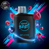 A 20ml prefilled vape pod by Level X Flavour Beast in blue raspberry flavour. The pod is surrounded by raspberrries and blueberries. Underground Vapes Woodstock and London