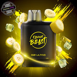 A 20ml prefilled vape pod by Level X Flavour Beast in banana ice flavour. The pod is surrounded by bananas and ice cubes. Underground Vapes Woodstock and London