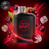 A 20ml prefilled vape pod by Level X Flavour Beast in cherry flavour. The pod is surrounded by cherries and ice cubes. Underground Vapes Woodstock and London