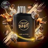A 20ml prefilled vape pod by Level X Flavour Beast in iced coffee flavour. The pod is surrounded by coffee beans, poured coffee, and ice cubes. Underground Vapes Woodstock and London