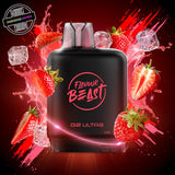 A 20ml prefilled vape pod by Level X Flavour Beast in strawberry classic flavour. The pod is surrounded by strawberries, a pink splash of liquid, and ice cubes. Underground Vapes Woodstock and London
