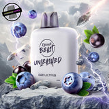 A white prefilled 20ml vape pod by Flavour Beast in dark berries flavour surrounded by blueberries and blackcurrant. Underground Vapes Woodstock and London