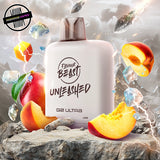 A white prefilled 20ml vape pod by Flavour Beast in peach mango ice flavour surrounded by peach, mango, and ice. Underground Vapes Woodstock and London