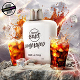 A white prefilled 20ml vape pod by Flavour Beast in red lightning ice flavour surrounded by glasses of fizzy goodness with ice. Underground Vapes Woodstock and London