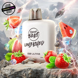 A white prefilled 20ml vape pod by Flavour Beast in strawberry watermelon ice flavour surrounded by strawberries, watermelon slices, and ice. Underground Vapes Woodstock and London