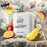 A white prefilled 20ml vape pod by Flavour Beast in tropical storm ice flavour surrounded by pineapple, passionfruit, and ice. Underground Vapes Woodstock and London