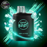A 20ml prefilled vape pod by Level X Flavour Beast in extreme mint ice flavour. The pod is surrounded by ice cubes. Underground Vapes Woodstock and London