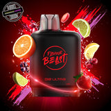 A 20ml prefilled vape pod by Level X Flavour Beast in fruit flash flavour. The pod is surrounded by citrus slices, cherries, and strawberries. Underground Vapes Woodstock and London