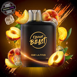 A 20ml prefilled vape pod by Level X Flavour Beast in peach ice flavour. The pod is surrounded by peaches and ice cubes. Underground Vapes Woodstock and London