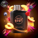A 20ml prefilled vape pod by Level X Flavour Beast in peach berry flavour. The pod is surrounded by peaches, blueberries, and raspberries. Underground Vapes Woodstock and London