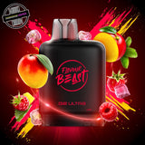 A 20ml prefilled vape pod by Level X Flavour Beast in raspberry mango ice flavour. The pod is surrounded by raspberrries, mangos, and ice cubes. Underground Vapes Woodstock and London