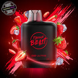 A 20ml prefilled vape pod by Level X Flavour Beast in sour blue raspberry ice flavour. The pod is surrounded by vibrant strawberries and ice cubes. Underground Vapes Woodstock and London