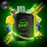 A 20ml prefilled vape pod by Level X Flavour Beast in citrus gummy ice flavour. The pod is surrounded by blue raspberrries, lemon and lime slices, cherries, and ice cubes. Underground Vapes Woodstock and London