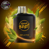 A 20ml prefilled vape pod by Level X Flavour Beast in smooth tobacco flavour. The pod is surrounded by green tobacco leaves. Underground Vapes Woodstock and London